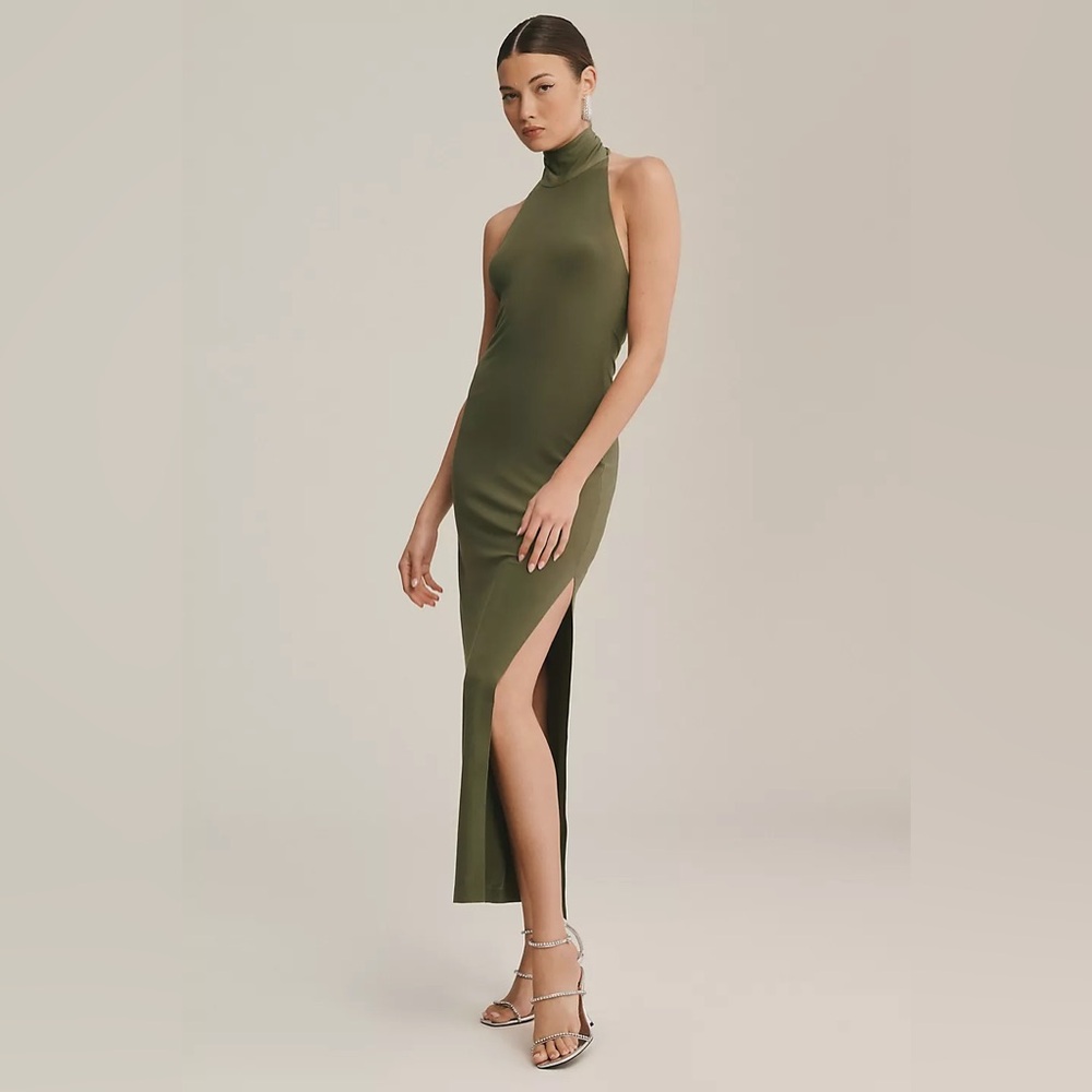 Norma Kamali Green Halter Turtleneck Open Back Sleeveless Long Midi Dress Medium